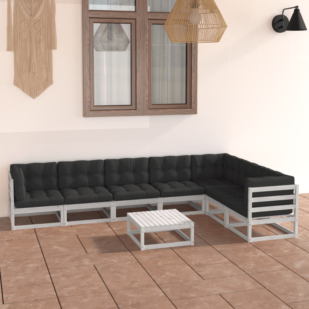 8-tlg. Garten-Lounge-Set mit Kissen Weiss Kiefer Massivholz